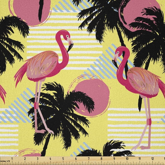 Ambesonne Hawaii Vibes Fabric by the Yard Microfiber, Synth Wave Flamingo, 10 Yards, Pastel Yellow and Black