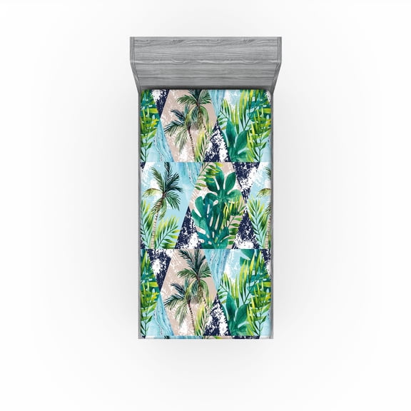 Ambesonne Hawaii Vibes Fitted Sheet, Aloha Themed Palm Art, Twin Size, Seafoam Fern Green Dusk