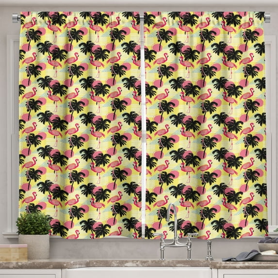 Ambesonne Hawaii Vibes Kitchen Curtains, Synth Wave Flamingo, 55"x24", Pastel Yellow and Black