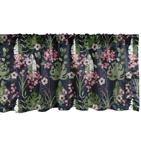 Ambesonne Hawaii Window Valance, Palm Leaves Flowers, 54" X 18", Olive Green Pale Pink