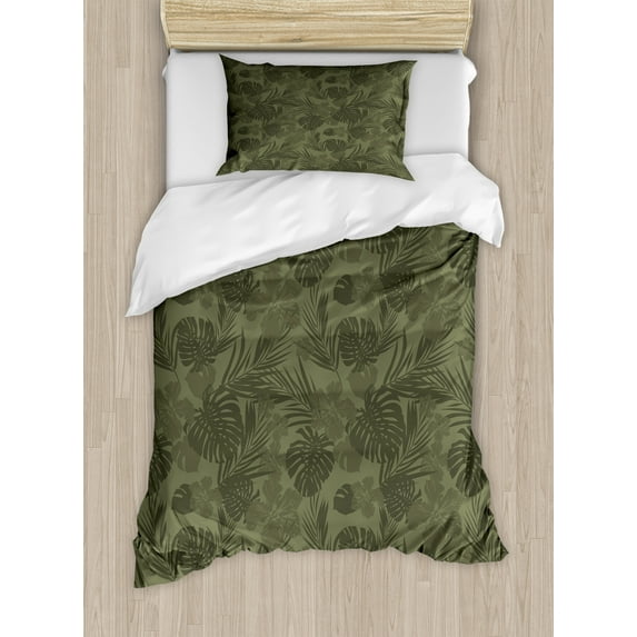 Ambesonne Hawaiian Colors Duvet Cover Sets, Monochrome Plants, 2-Twin, Army Green Slate Brown