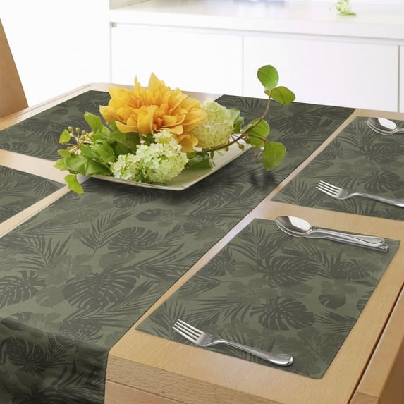 Ambesonne Hawaiian Colors Table Runner & Placemats, Monochrome Plants, Placemat 4 pcs + Runner 12"x72", Army Green Slate Brown
