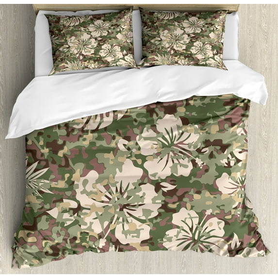 Ambesonne Hawaiian Duvet Cover Set, Aloha Tropical Jungle, 2-Calking, Dark Brown Pale Pink
