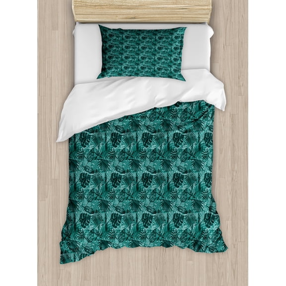 Ambesonne Hawaiian Duvet Cover Set, Monotone Jungle Plants, Twin, Pale Teal Hunter Green