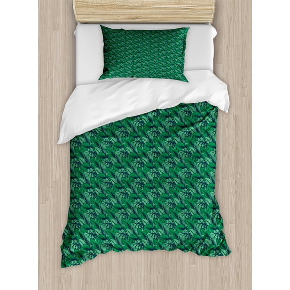 Ambesonne Hawaiian Duvet Cover Sets, Tropical Rainforest Leaves, 2-Twin, Forest Green Sea Green