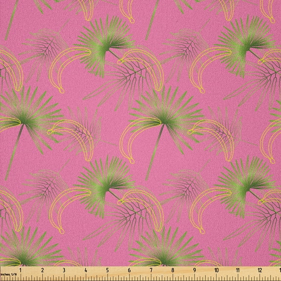 Ambesonne Hawaiian Fabric by the Yard Microfiber, Bananas Jungle Leaves Art, 1 Yard, Pale Fuchsia and Olive Green