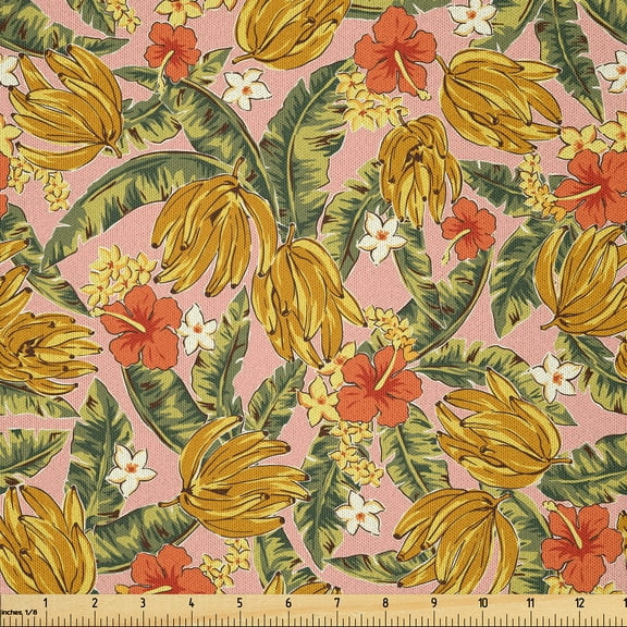 Ambesonne Hawaiian Fabric by the Yard Microfiber, Bananas Leaves Flowers, 1 Yard, Burnt Sienna and Sage Green