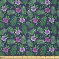 thumbnail image 1 of Ambesonne Hawaiian Fabric by the Yard Microfiber, Fern Palm Leaves Hibiscus, 10 Yards, Green and Pale Purple, 1 of 1
