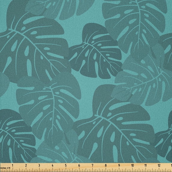 Ambesonne Hawaiian Fabric by the Yard Microfiber, Silhouettes of Exotic Leaf, 1 Yard, Dark Cadet Blue and Pale Teal