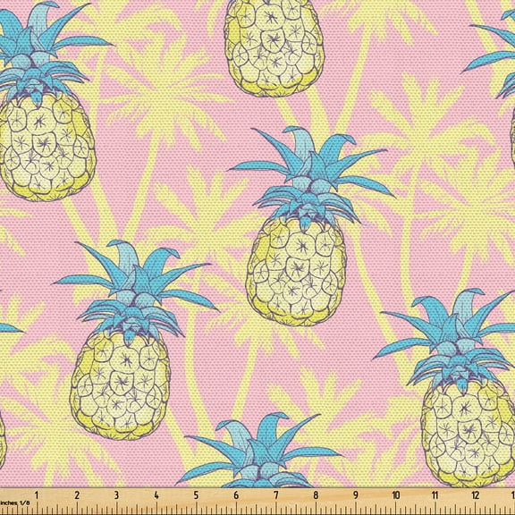 Ambesonne Hawaiian Fabric by the Yard Upholstery, Ananas Pineapple Palm Tree, 1 Yard, Rose and Pale Yellow