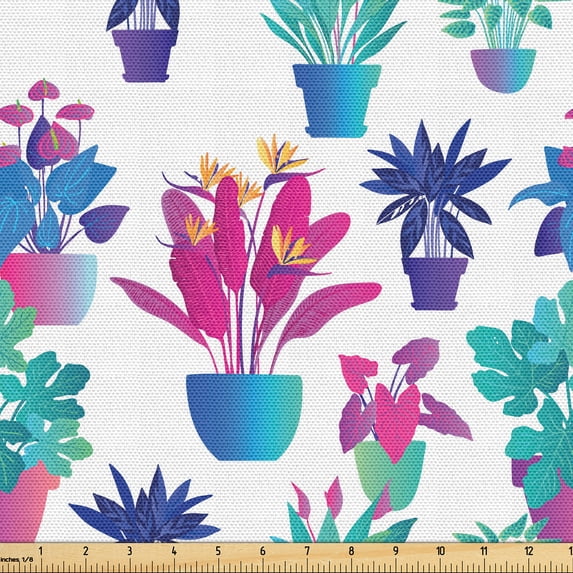 Ambesonne Hawaiian Fabric by the Yard Upholstery, Colorful Exotic Flowers, 1 Yard, Azure Blue Hot Pink