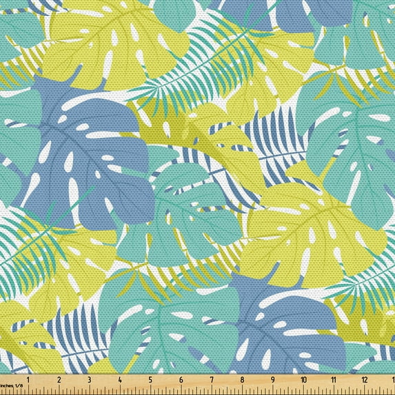 Ambesonne Hawaiian Fabric by the Yard Upholstery, Exotic Leaves Pattern Plot, 5 Yards, Seafoam Pale Green and Grey