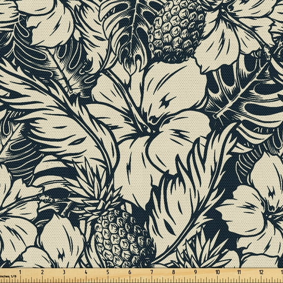 Ambesonne Hawaiian Fabric by the Yard Upholstery, Hibiscus Pineapple Leaf, 2 Yards, Dark Green and Champagne