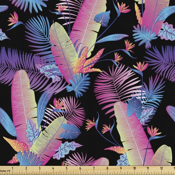 Ambesonne Hawaiian Fabric by the Yard Upholstery, Leafy Flowers Dark Back, 5 Yards, Pale Fuchsia and Sea Blue