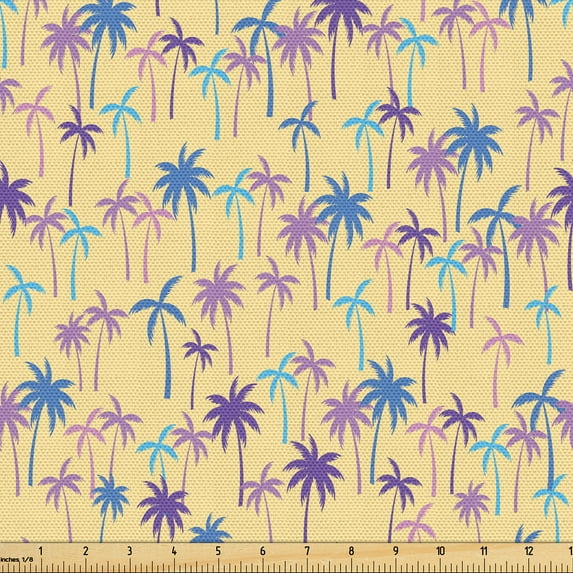 Ambesonne Hawaiian Fabric by the Yard Upholstery, Palm Trees Minimalist Art, 3 Yards, Azure Blue Pink and Peach