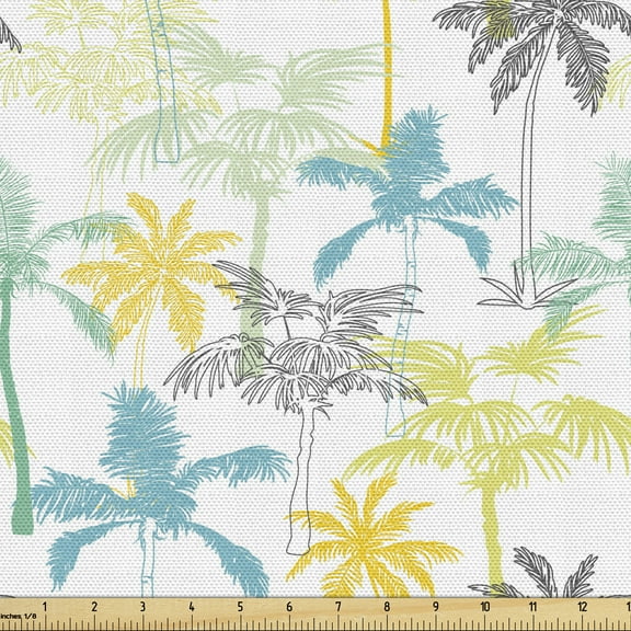 Ambesonne Hawaiian Fabric by the Yard Upholstery, Tropic Island Palm Trees, 2 Yards, White Multicolor