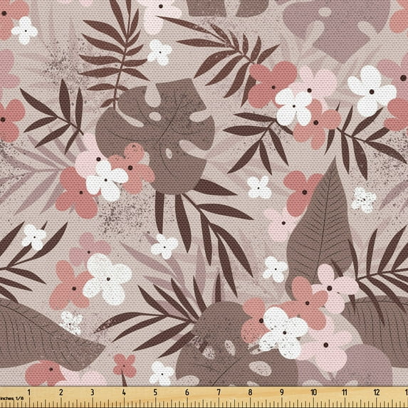 Ambesonne Hawaiian Fabric by the Yard Upholstery, Vintage Pastel Flora Bloom, 3 Yards, Coral Blush Warm Taupe