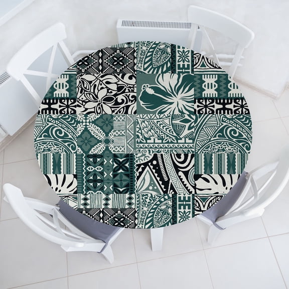 Ambesonne Hawaiian Fitted Round Tablecloth, Ethnic Flower Pattern Folk, 45"- 56" Diameter, Off White Black Teal