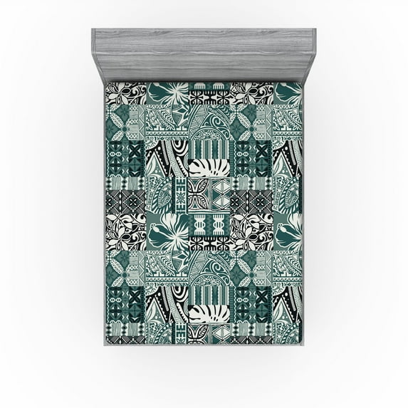 Ambesonne Hawaiian Fitted Sheet, Ethnic Flower Pattern Folk, California King, Off White Black Teal
