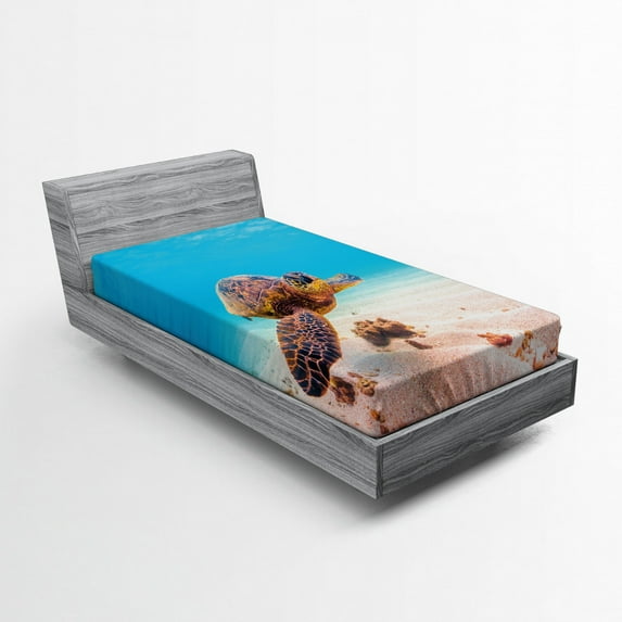 Ambesonne Hawaiian Fitted Sheet, Sea Turtle Underwater, Twin XL Size, Aqua Cinnamon Brown