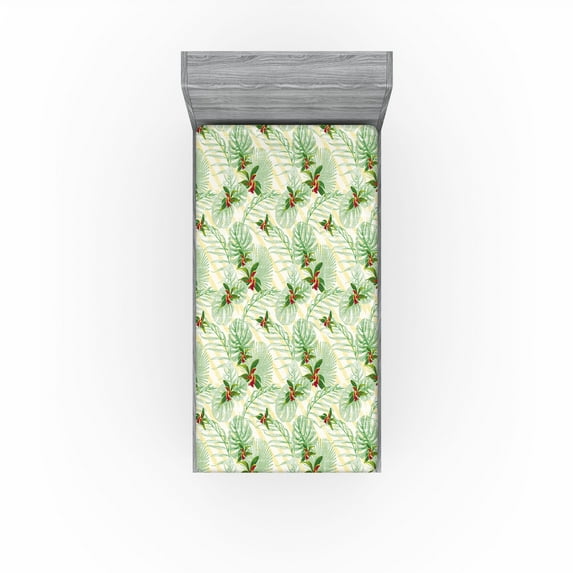 Ambesonne Hawaiian Fitted Sheet, Tropical Jungle Art Orchid, Twin Size, Fern Green Beige Magenta