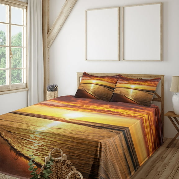 Ambesonne Hawaiian Fitted & Top Sheet Set with Shams, Beach Sunset Coast, Dark Orange Orange