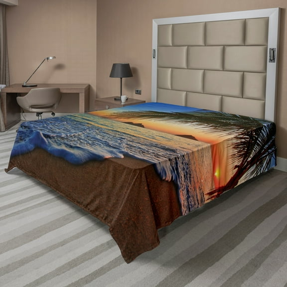 Ambesonne Hawaiian Flat Sheet, Sunrise Lanikai Beach, Queen Size, Brown Blue