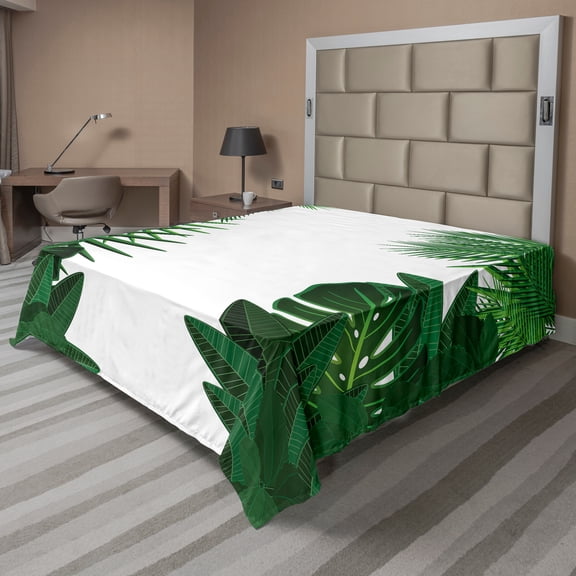 Ambesonne Hawaiian Flat Sheet, Tropical Exotic Palms, King Size, Green White
