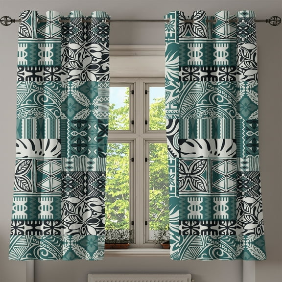 Ambesonne Hawaiian Grommet Curtain, Ethnic Flower Pattern Folk, 50"x60", Off White Black Teal