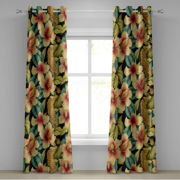 Ambesonne Hawaiian Grommet Curtain, Vintage Pinkish Hibiscus, 50"x72", Amber Fawn and Teal