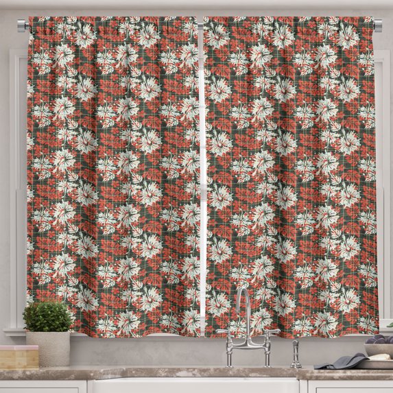 Ambesonne Hawaiian Kitchen Curtains, Grunge Floral Plaid Tartan, 55"x39", Grey Teal Burnt Sienna