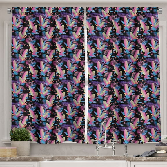 Ambesonne Hawaiian Kitchen Curtains, Leafy Flowers Dark Back, 55"x30", Pale Fuchsia and Sea Blue