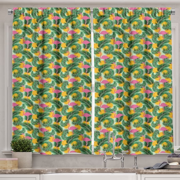 Ambesonne Hawaiian Kitchen Curtains, Summer Art Motif Flamingos, 55"x45", Pale Green and Multicolor