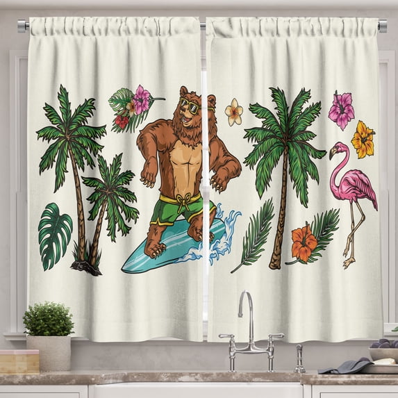 Ambesonne Hawaiian Kitchen Curtains, Surfing Bear Hibiscuses, 55"x39", Beige Fern Green and Brown