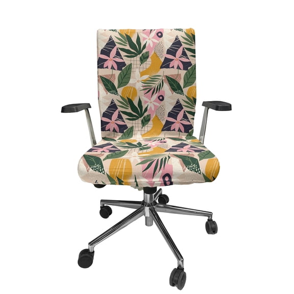 Ambesonne Hawaiian Office Chair Cover Stretchable High Back, Flowers Leaves Lines Dots, Dark Yellow and Pastel Pink