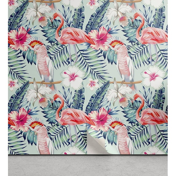 Ambesonne Hawaiian Peel & Stick Wallpaper for Home, Flamingos Palms Hibiscuses, 13"x36", Coral Rose Mint Green