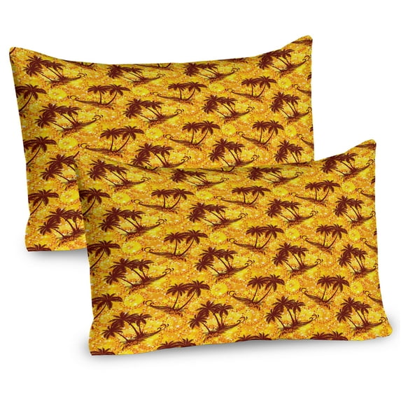 Ambesonne Hawaiian Pillow Sham 2 Pack, Ocean Island Palms, 26"x20", Marigold and Brown