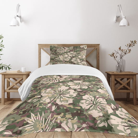 Ambesonne Hawaiian Quilted Bedspread Set 2 Pcs, Aloha Tropical Jungle, Twin Size, Dark Brown Pale Pink