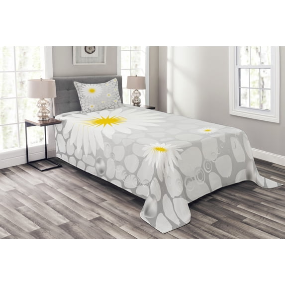 Ambesonne Hawaiian Quilted Bedspread Set 2 Pcs, Flowers Animal Dots, Twin Size, White and Pale Grey