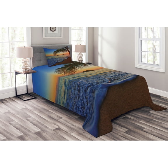 Ambesonne Hawaiian Quilted Bedspread Set 2 Pcs, Sunrise Lanikai Beach, Twin Size, Brown Blue
