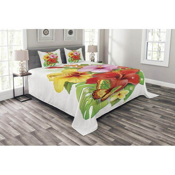 Ambesonne Hawaiian Quilted Bedspread Set 3 Pcs, Colorful Hibiscus Blooming, King Size, Multicolor