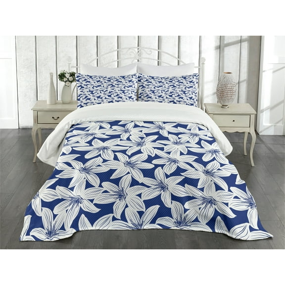 Ambesonne Hawaiian Quilted Bedspread Set 3 Pcs, Hibiscus Flower Petals, Queen Size, White Dark Blue