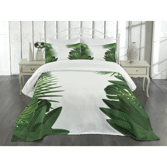 Ambesonne Hawaiian Quilted Bedspread Set 3 Pcs, Tropical Exotic Palms, King Size, Green White