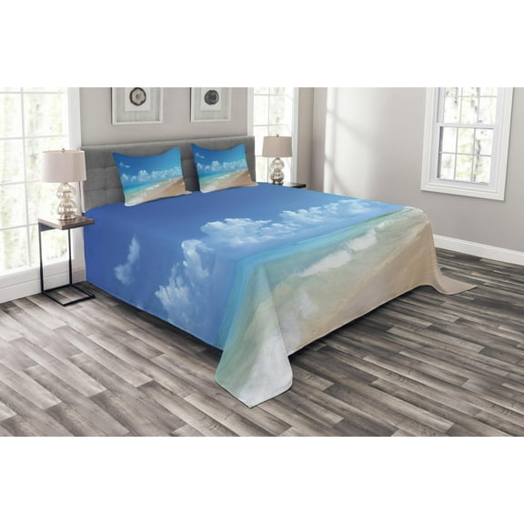 Ambesonne Hawaiian Quilted Bedspread Set 3 Pcs, Tropical Ocean Waves, Queen Size, Blue Turquoise
