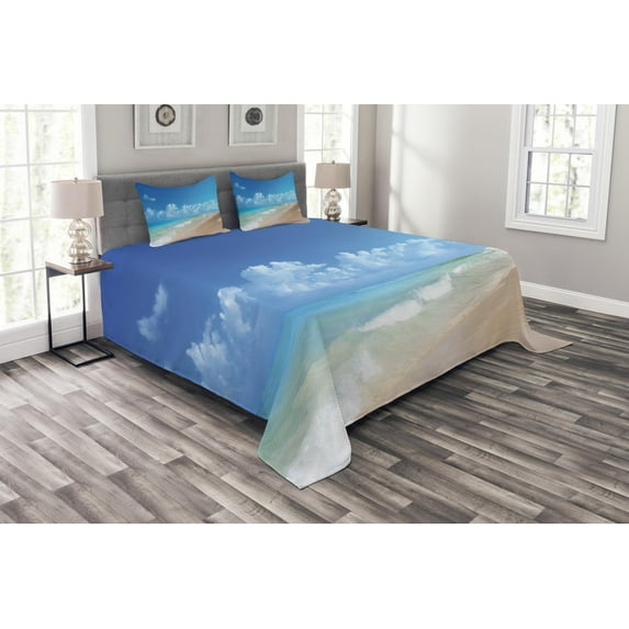 Ambesonne Hawaiian Quilted Bedspread Set 3 Pcs, Tropical Ocean Waves, Queen Size, Blue Turquoise