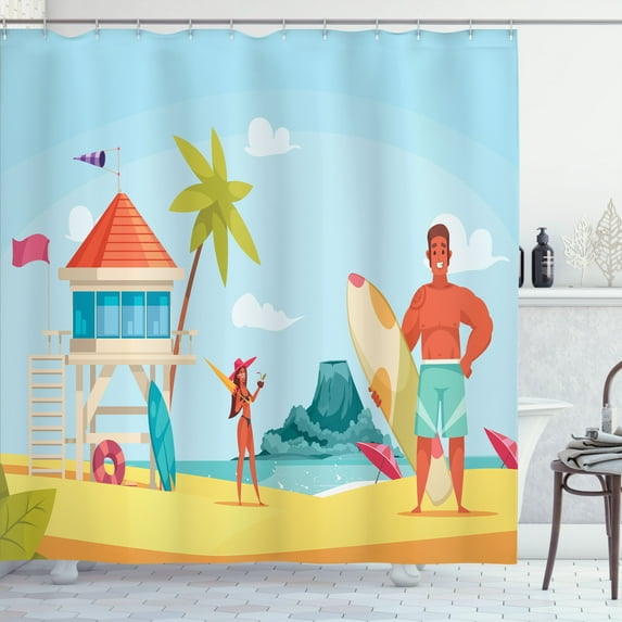 Ambesonne Hawaiian Shower Curtain, Beach Lady and Surfer Man, 69"Wx75"L, Pale Blue and Multicolor