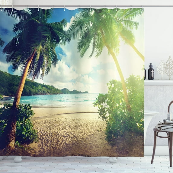 Ambesonne Hawaiian Shower Curtain, Palm Trees and Ocean Photo, 69"Wx70"L, Green and Blue