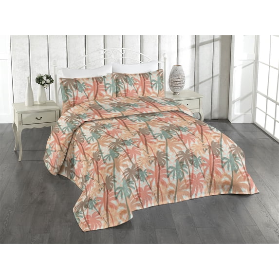 Ambesonne Hawaiian Summer Quilted Bedspread Set 3 Pcs, Art Psychedelic, Queen, Coral Cadet Blue