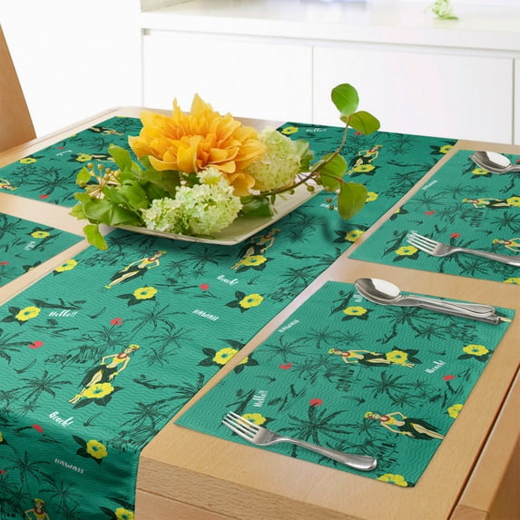 Ambesonne Hawaiian Table Runner & Placemats, Hula Girls Palms Sailboats, Placemat 4 pcs + Runner 16"x72", Dark Seafoam and Multicolor