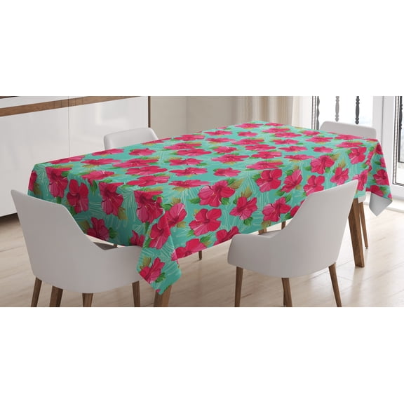 Ambesonne Hawaiian Tablecloth Rectangular Table Cover, Botanical Hibiscus, 52"x70", Magenta Seafoam